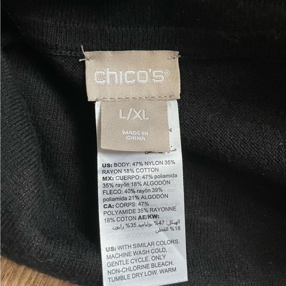 Chico's Black Poncho Sweater Fringe Trim Cowl Neck Size Large/XL - Picture 3 of 4